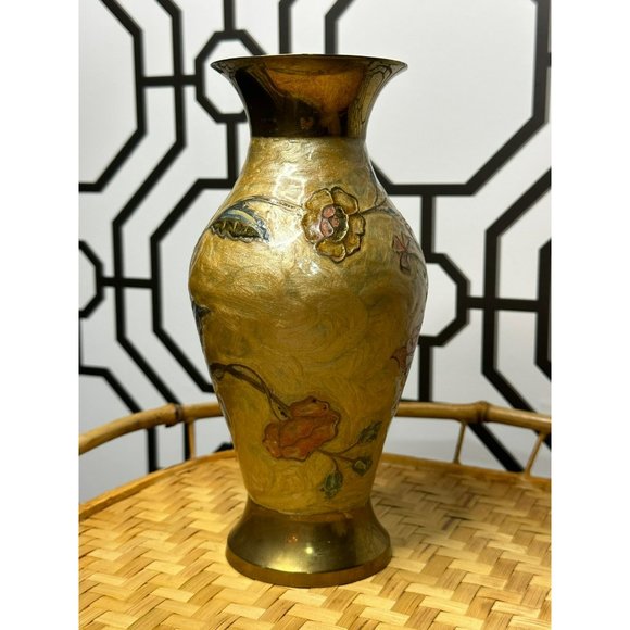 Vintage Other - Vintage Gold Brass Vase With Enamel Flowers - BOHO Decor - Shelf Decoration